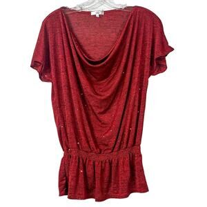 Halo Women's Polyester Spandex Sparkle Sequin Accent Pullover Top Red Medium